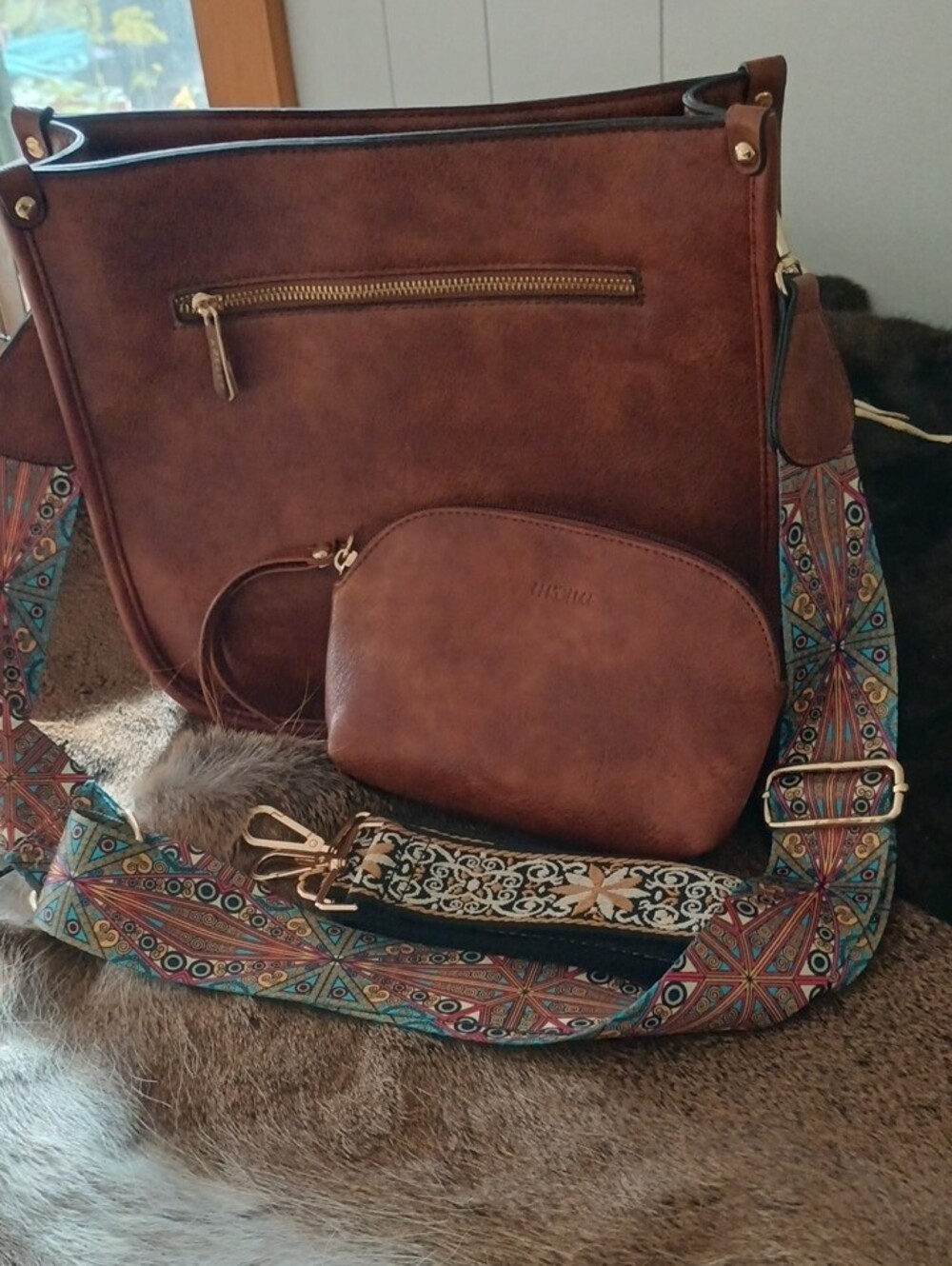 Brown Faux-Leather Shoulder Bag with Colorful Patterned Strap